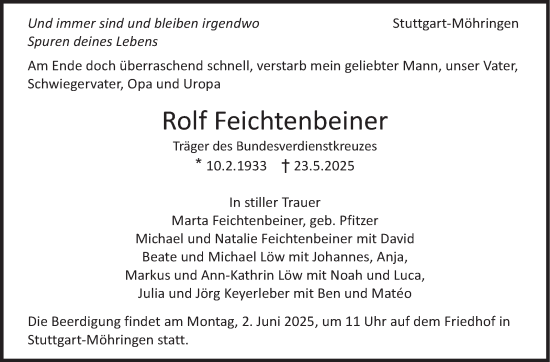 Traueranzeige von Rolf Feichtenbeiner von Stuttgarter Zeitung / Stuttgarter Nachrichten