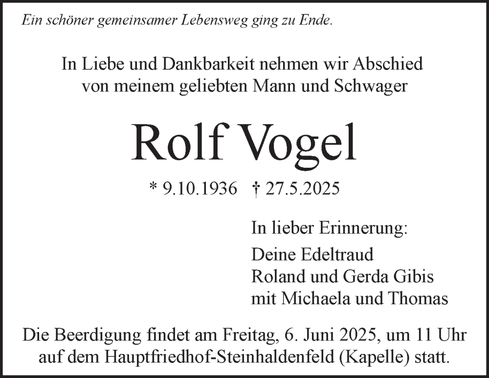  Traueranzeige für Rolf Vogel vom 05.06.2025 aus Stuttgarter Zeitung / Stuttgarter Nachrichten