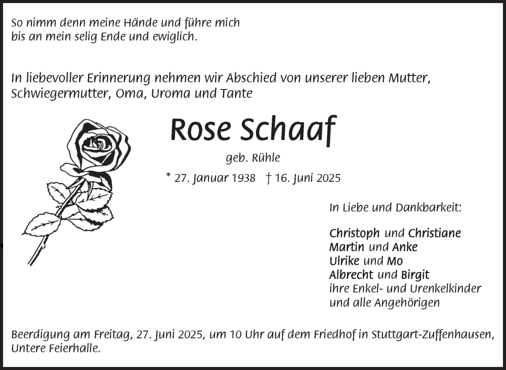  Traueranzeige für Rose Schaaf vom 21.06.2025 aus Stuttgarter Zeitung / Stuttgarter Nachrichten