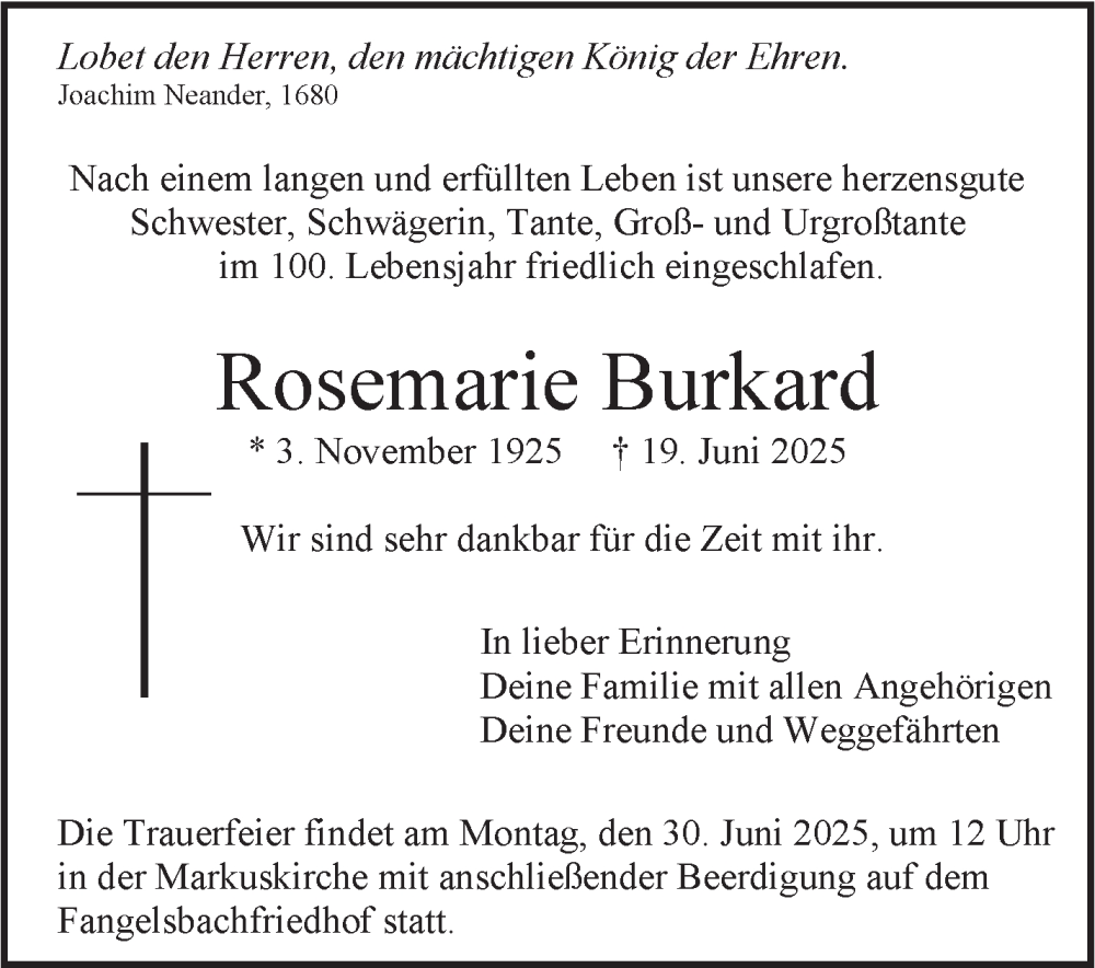  Traueranzeige für Rosemarie Burkard vom 26.06.2025 aus Stuttgarter Zeitung / Stuttgarter Nachrichten