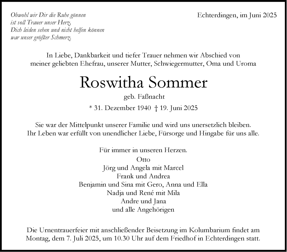  Traueranzeige für Roswitha Sommer vom 27.06.2025 aus Stuttgarter Zeitung / Stuttgarter Nachrichten