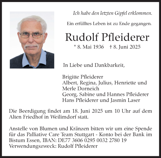 Traueranzeige von Rudolf Pfleiderer von Stuttgarter Zeitung / Stuttgarter Nachrichten