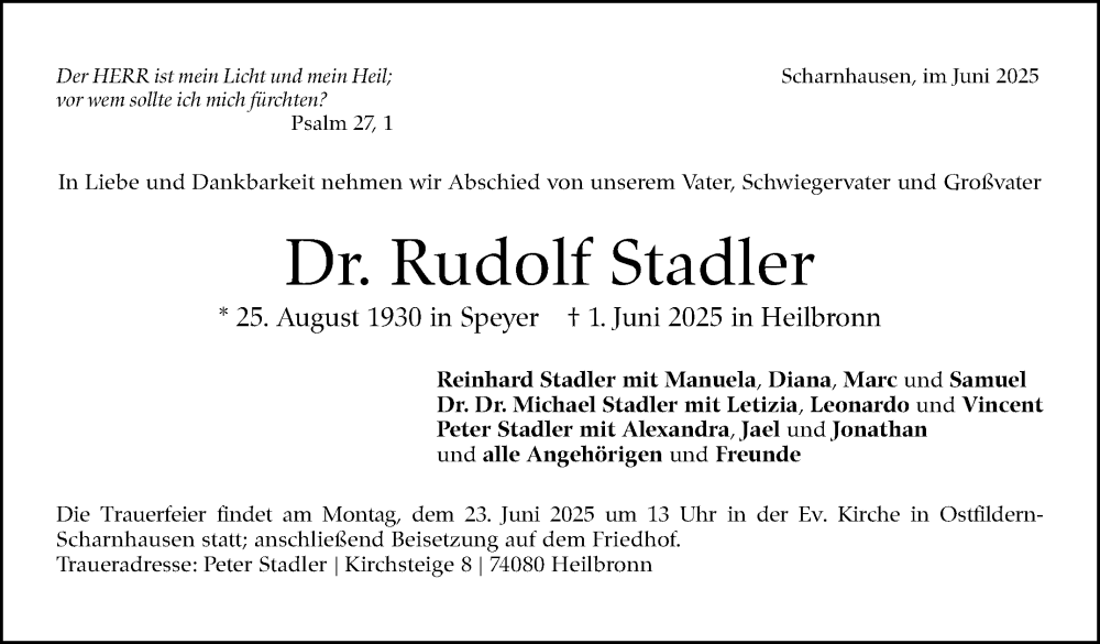  Traueranzeige für Rudolf Stadler vom 14.06.2025 aus Stuttgarter Zeitung / Stuttgarter Nachrichten