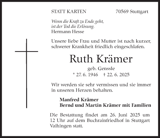 Traueranzeige von Ruth Krämer von Stuttgarter Zeitung / Stuttgarter Nachrichten