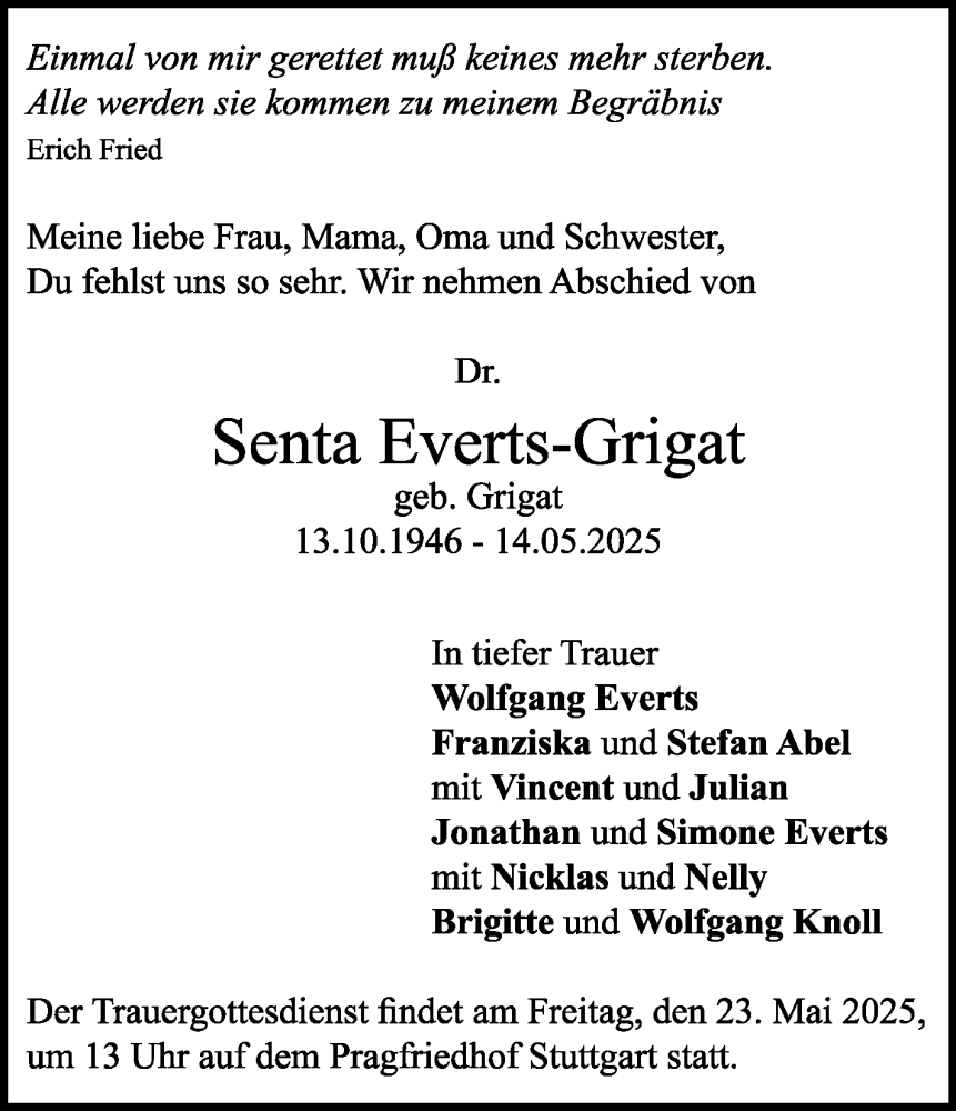  Traueranzeige für Senta Everts-Grigat vom 21.05.2025 aus Stuttgarter Zeitung / Stuttgarter Nachrichten