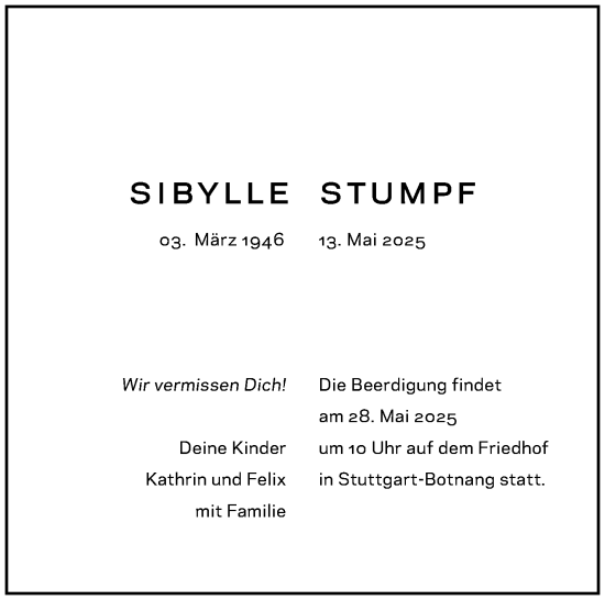 Traueranzeige von Sibylle Stumpf von Stuttgarter Zeitung / Stuttgarter Nachrichten