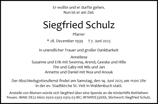 Traueranzeige von Siegfried Schulz von Stuttgarter Zeitung / Stuttgarter Nachrichten