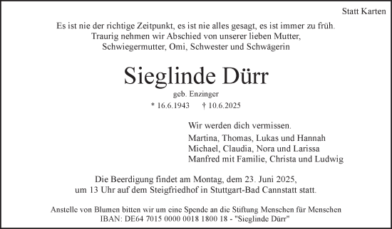 Traueranzeige von Sieglinde Dürr von Stuttgarter Zeitung / Stuttgarter Nachrichten