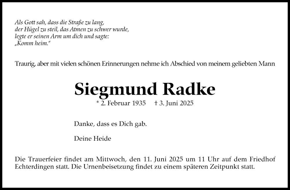 Traueranzeige für Siegmund Radke vom 07.06.2025 aus Stuttgarter Zeitung / Stuttgarter Nachrichten