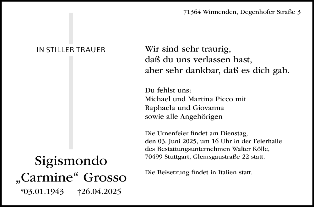  Traueranzeige für Sigismondo Grosso vom 31.05.2025 aus Stuttgarter Zeitung / Stuttgarter Nachrichten