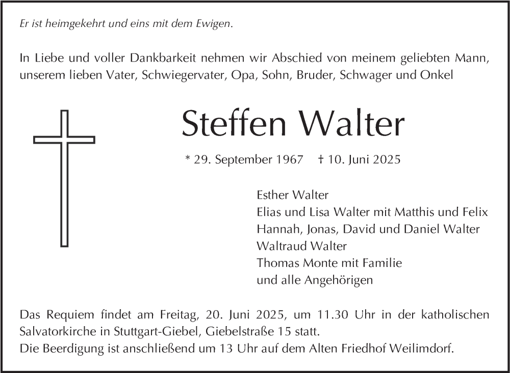  Traueranzeige für Steffen Walter vom 14.06.2025 aus Stuttgarter Zeitung / Stuttgarter Nachrichten
