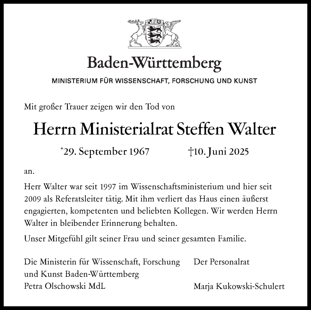  Traueranzeige für Steffen Walter vom 14.06.2025 aus Stuttgarter Zeitung / Stuttgarter Nachrichten
