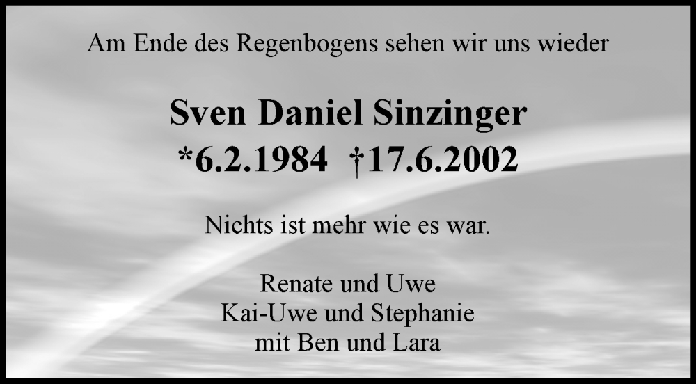  Traueranzeige für Sven Daniel Sinzinger vom 17.06.2025 aus Stuttgarter Zeitung / Stuttgarter Nachrichten