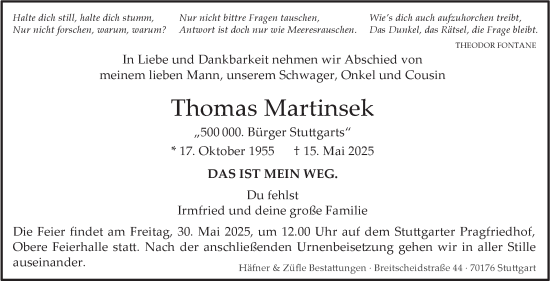 Traueranzeige von Thomas Martinsek von Stuttgarter Zeitung / Stuttgarter Nachrichten