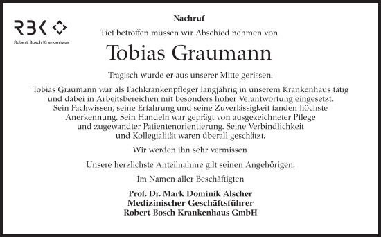 Traueranzeige von Tobias Graumann von Stuttgarter Zeitung / Stuttgarter Nachrichten