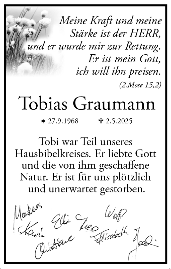 Traueranzeige von Tobias Graumann von Stuttgarter Zeitung / Stuttgarter Nachrichten