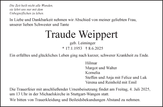 Traueranzeige von Traude Weippert von Stuttgarter Zeitung / Stuttgarter Nachrichten