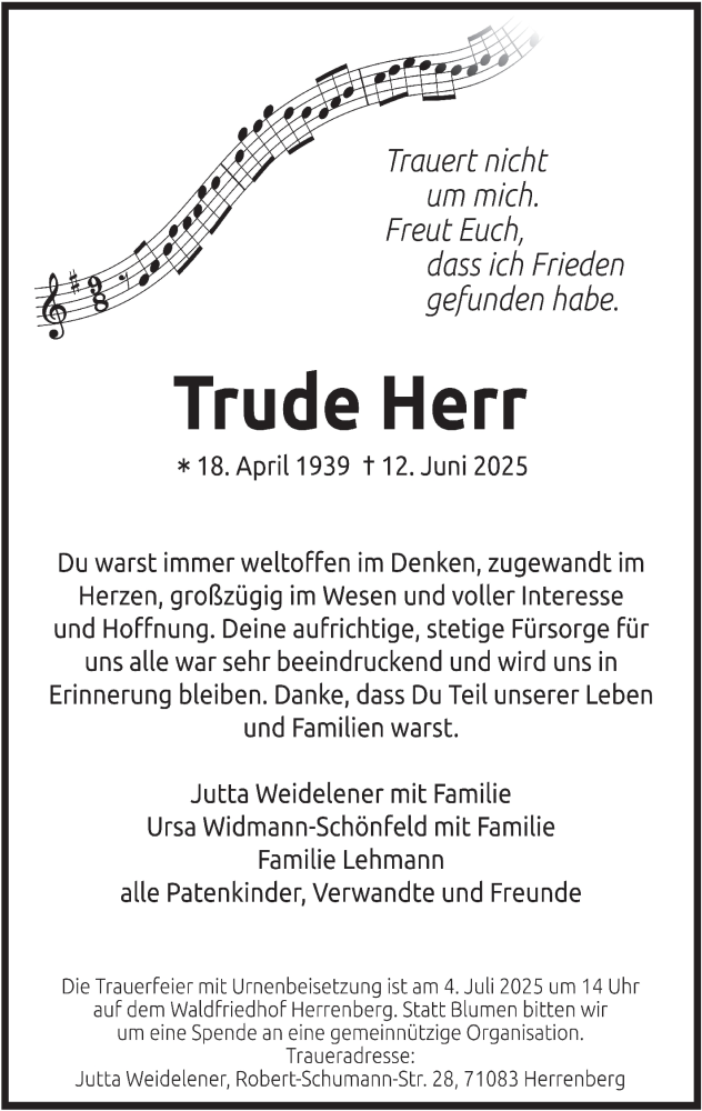  Traueranzeige für Trude Herr vom 17.06.2025 aus Stuttgarter Zeitung / Stuttgarter Nachrichten