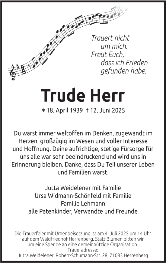 Traueranzeige von Trude Herr von Stuttgarter Zeitung / Stuttgarter Nachrichten