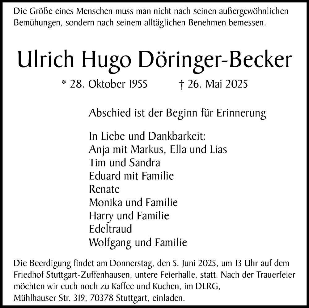  Traueranzeige für Ulrich Hugo Döringer-Becker vom 03.06.2025 aus Stuttgarter Zeitung / Stuttgarter Nachrichten