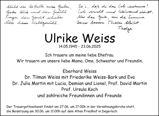 Traueranzeige von Ulrike Weiss von Stuttgarter Zeitung / Stuttgarter Nachrichten