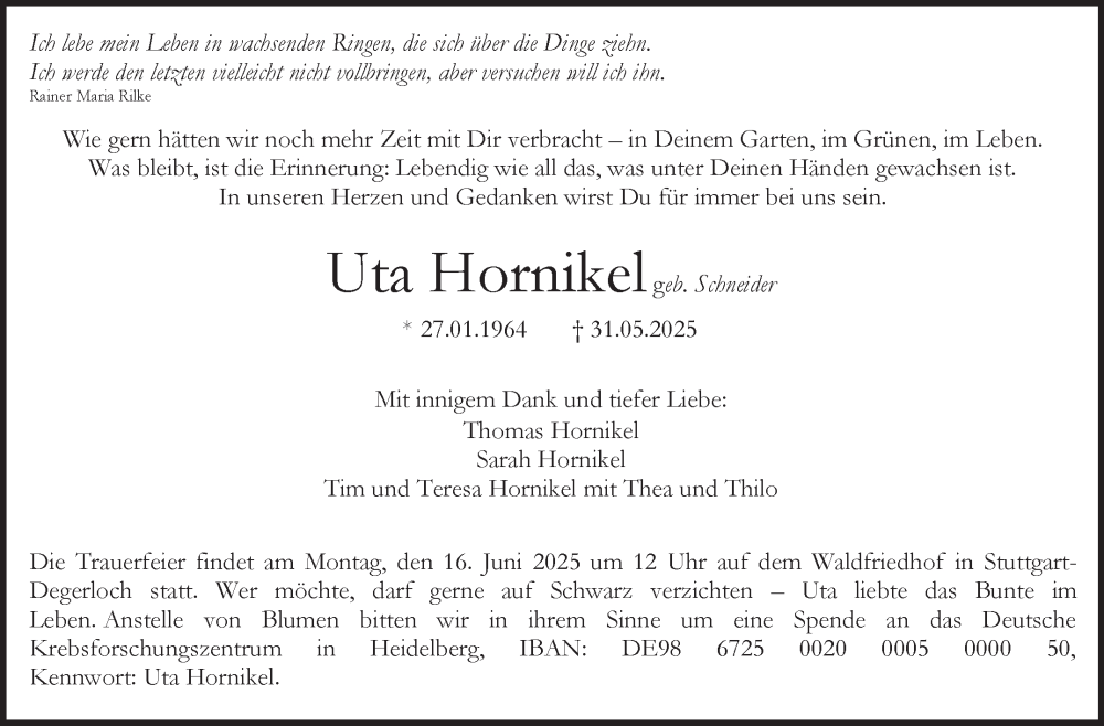  Traueranzeige für Uta Hornikel vom 13.06.2025 aus Stuttgarter Zeitung / Stuttgarter Nachrichten