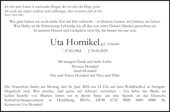 Traueranzeige von Uta Hornikel von Stuttgarter Zeitung / Stuttgarter Nachrichten