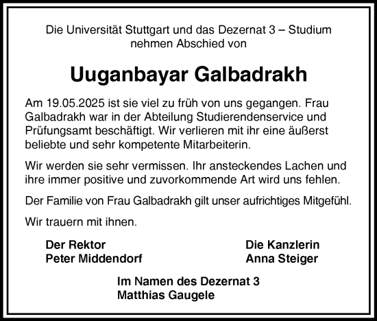 Traueranzeige von Uuganbayar Galbadrakh von Stuttgarter Zeitung / Stuttgarter Nachrichten