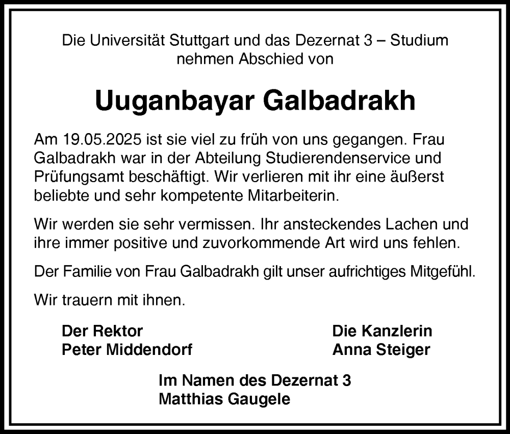  Traueranzeige für Uuganbayar Galbadrakh vom 23.05.2025 aus Stuttgarter Zeitung / Stuttgarter Nachrichten