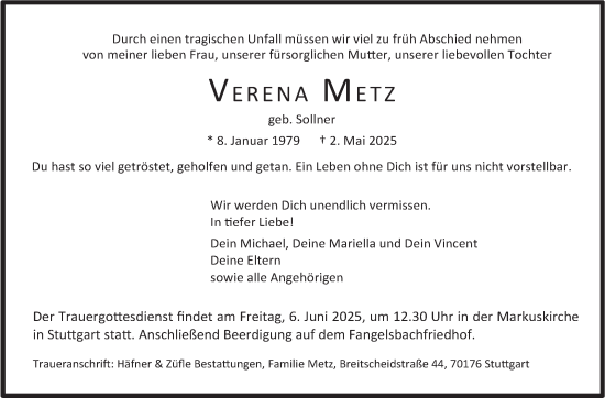 Traueranzeige von Verena Metz von Stuttgarter Zeitung / Stuttgarter Nachrichten