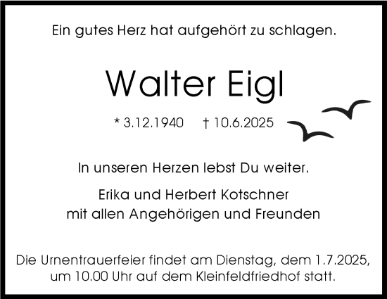 Traueranzeige von Walter Eigl von Stuttgarter Zeitung / Stuttgarter Nachrichten