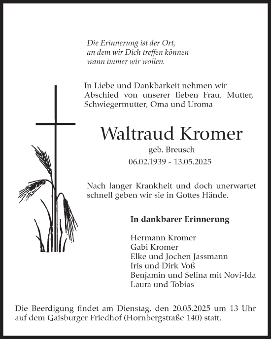 Traueranzeige von Waltraud Kromer von Stuttgarter Zeitung / Stuttgarter Nachrichten