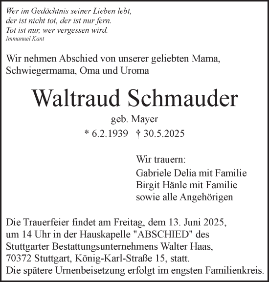 Traueranzeige von Waltraud Schmauder von Stuttgarter Zeitung / Stuttgarter Nachrichten