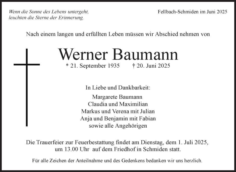  Traueranzeige für Werner Baumann vom 27.06.2025 aus Stuttgarter Zeitung / Stuttgarter Nachrichten