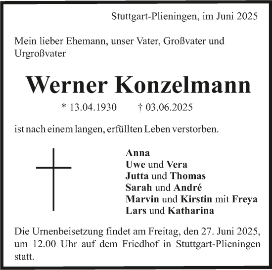 Traueranzeige von Werner Konzelmann von Stuttgarter Zeitung / Stuttgarter Nachrichten
