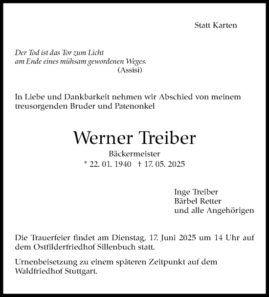 Traueranzeige von Werner Treiber von Stuttgarter Zeitung / Stuttgarter Nachrichten