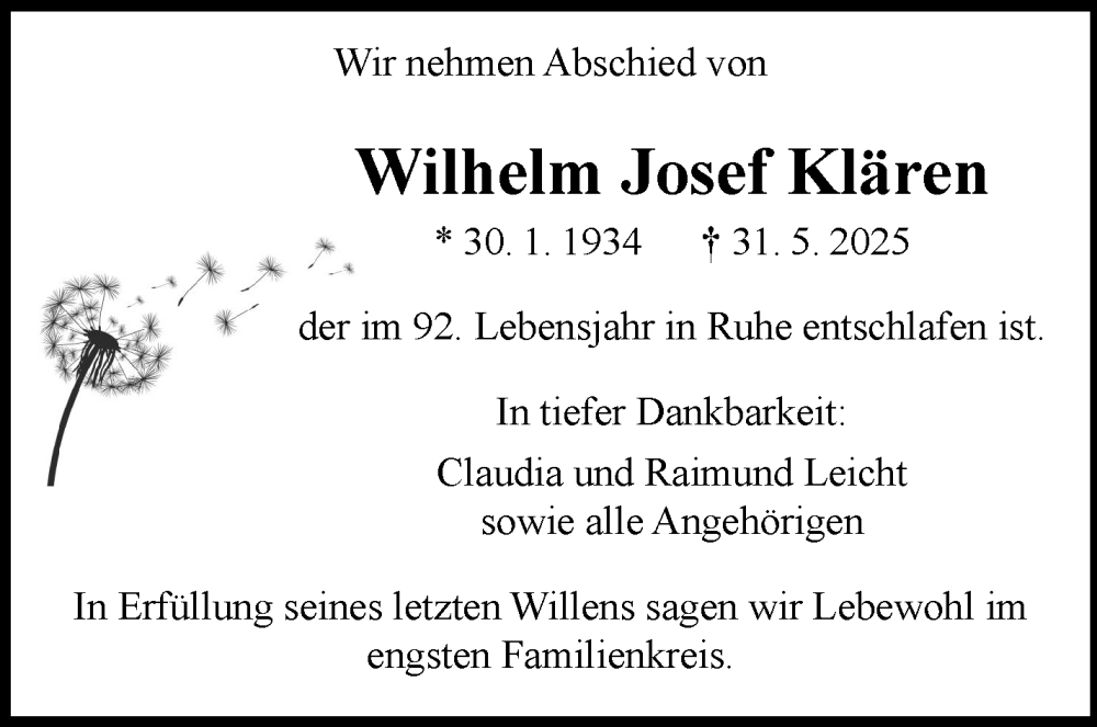  Traueranzeige für Wilhelm Josef Klären vom 14.06.2025 aus Stuttgarter Zeitung / Stuttgarter Nachrichten
