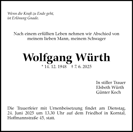Traueranzeige von Wolfgang Würth von Stuttgarter Zeitung / Stuttgarter Nachrichten