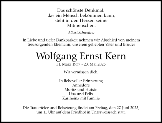 Traueranzeige von Wolfgang Ernst Kern von Stuttgarter Zeitung / Stuttgarter Nachrichten