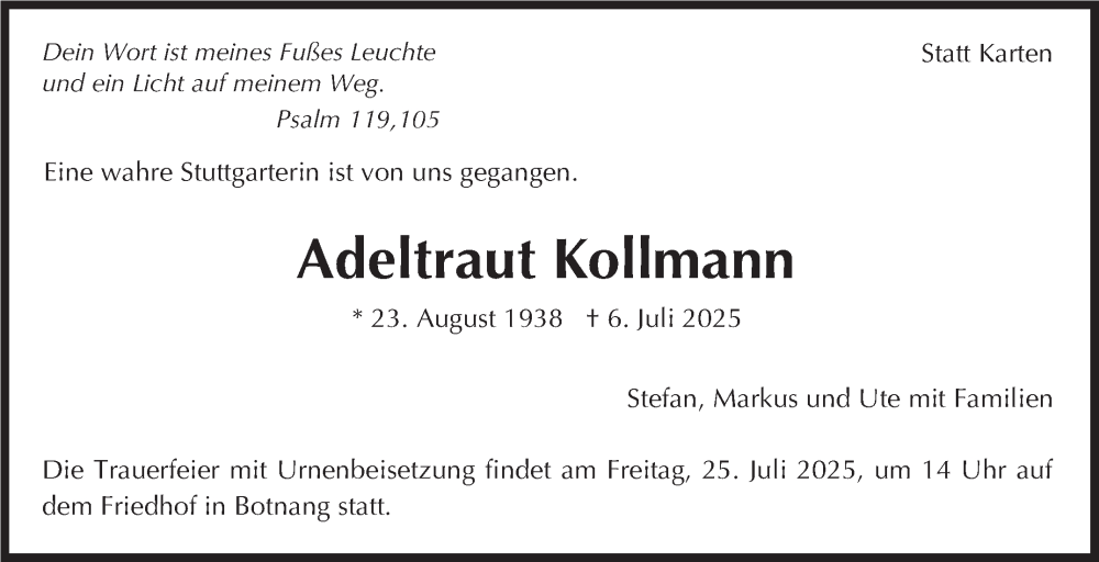  Traueranzeige für Adeltraut Kollmann vom 12.07.2025 aus Stuttgarter Zeitung / Stuttgarter Nachrichten