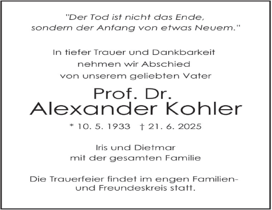 Traueranzeige von Alexander Kohler von Stuttgarter Zeitung / Stuttgarter Nachrichten