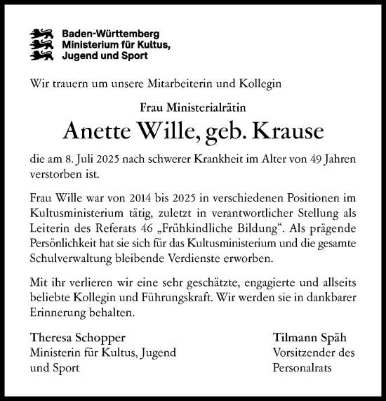 Traueranzeige von Anette Wille von Stuttgarter Zeitung / Stuttgarter Nachrichten