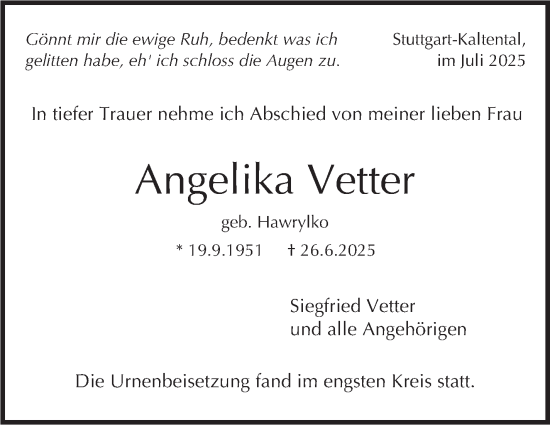 Traueranzeige von Angelika Vetter von Stuttgarter Zeitung / Stuttgarter Nachrichten
