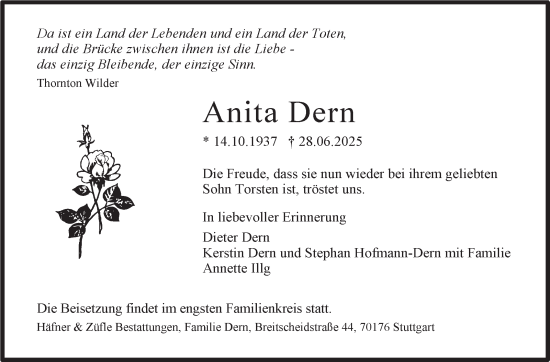 Traueranzeige von Anita Dern von Stuttgarter Zeitung / Stuttgarter Nachrichten