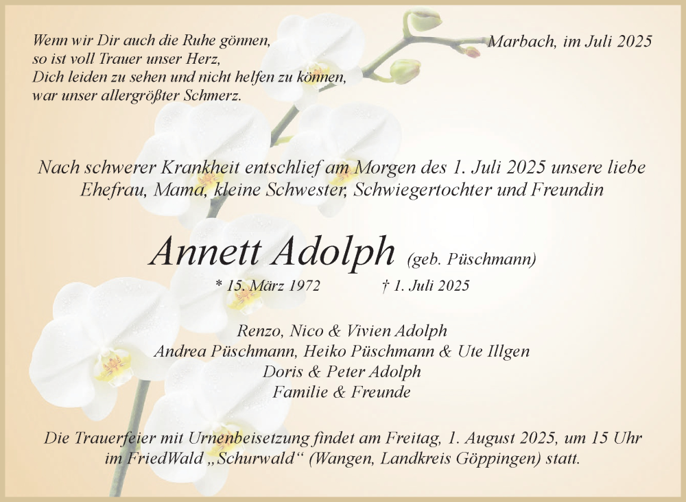  Traueranzeige für Annett Adolph vom 19.07.2025 aus Stuttgarter Zeitung / Stuttgarter Nachrichten