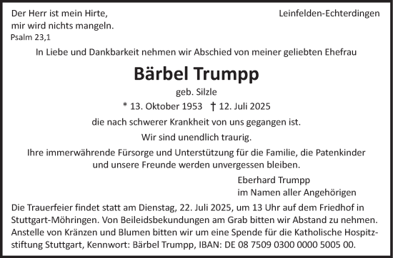 Traueranzeige von Bärbel Trumpp von Stuttgarter Zeitung / Stuttgarter Nachrichten