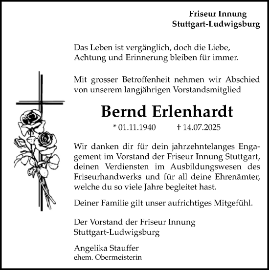 Traueranzeige von Bernd Erlenhardt von Stuttgarter Zeitung / Stuttgarter Nachrichten