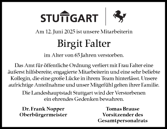 Traueranzeige von Birgit Falter von Stuttgarter Zeitung / Stuttgarter Nachrichten