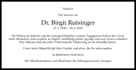 Traueranzeige von Birgit Ruisinger von Stuttgarter Zeitung / Stuttgarter Nachrichten
