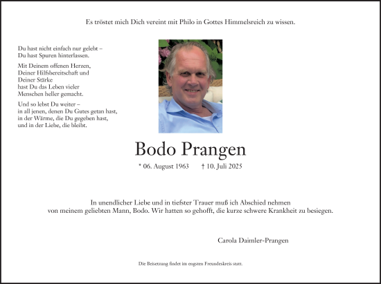 Traueranzeige von Bodo Prangen von Stuttgarter Zeitung / Stuttgarter Nachrichten